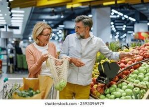 Seniort par handlar äpplen med flergångskasse i mataffär.